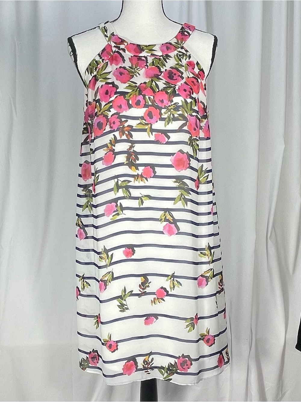 Betsey Johnson Halter Neck Shift Dress. White & Floral w/Navy Stripes. Summer